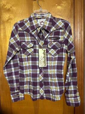 Sohobabe Women's Purple and Yellow Plaid Western-Style Button-Down Shirt